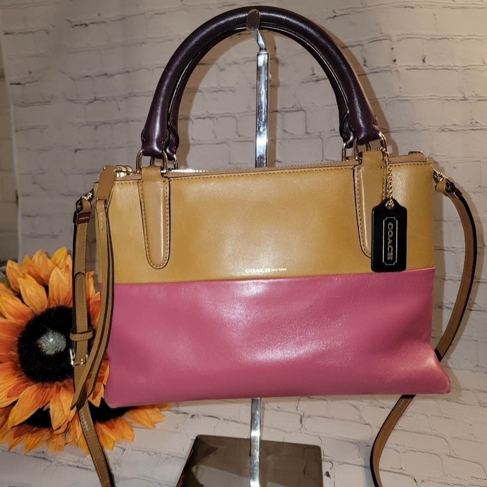 Coach Borough Mini Retro Color Block Crossbody Bag Loganberry and Tan Leather